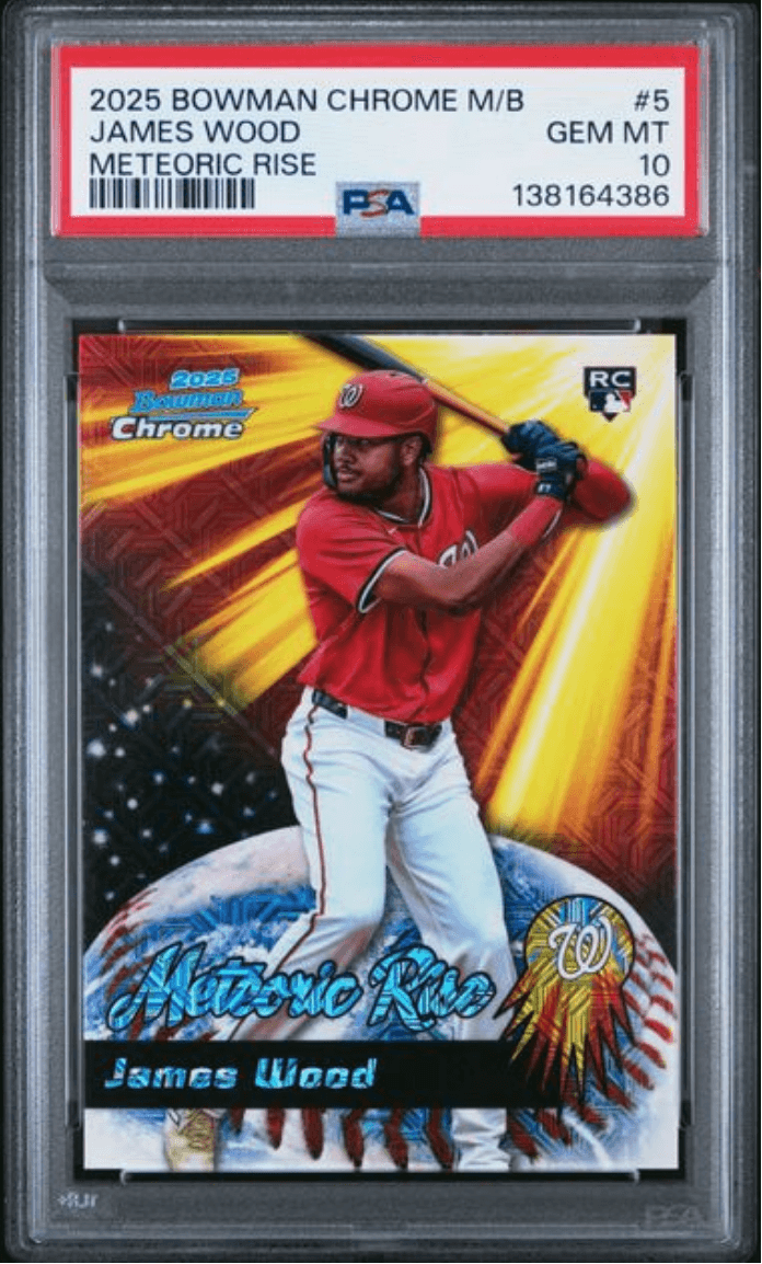 Graded 2025 Topps Bowman Chrome Mega Box James Wood #5 Meteoric Rise Rookie RC Baseball Card PSA 10 Gem Mint