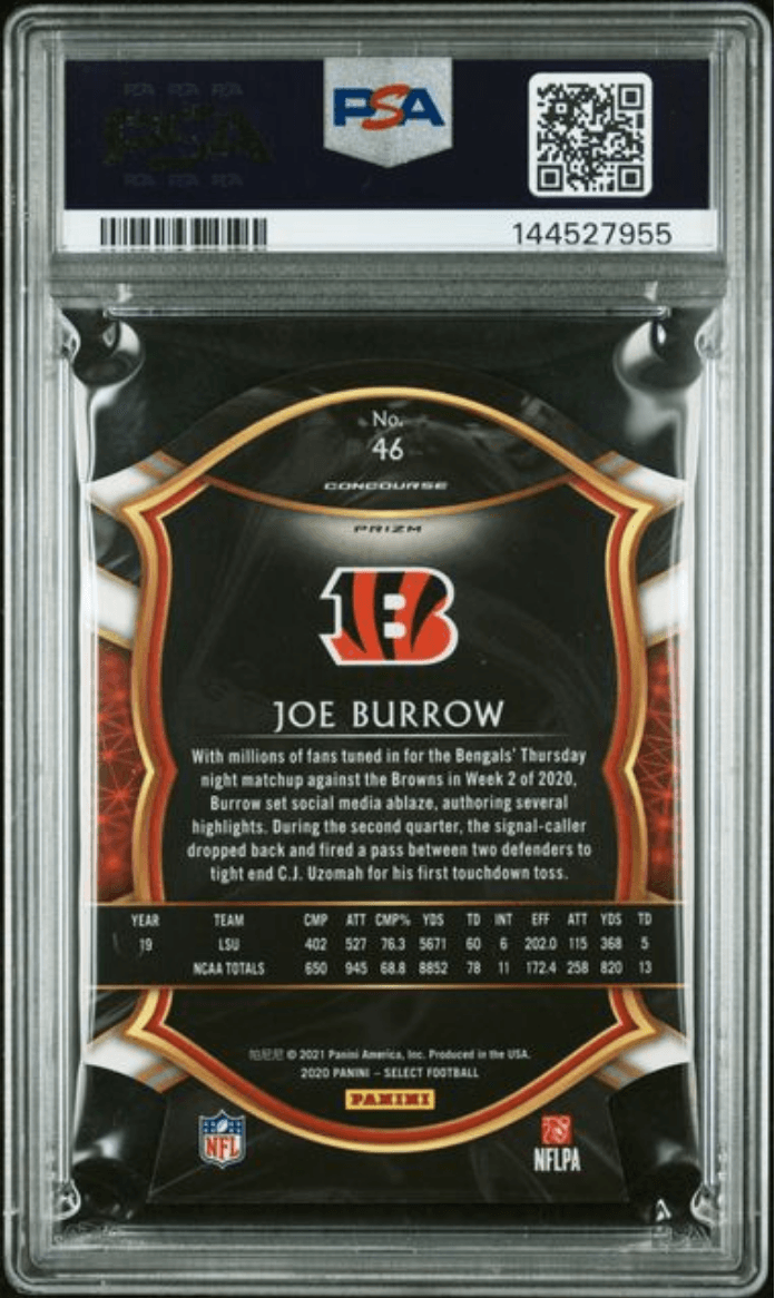 Graded 2020 Panini Select Joe Burrow #46 Die Cut Maroon Prizm Rookie RC Football Card PSA 10 Gem Mint