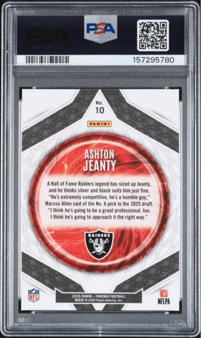 Graded 2025 Panini Phoenix Ashton Jeanty #10 Paragon Rookie RC Football Card PSA 10 Gem Mint