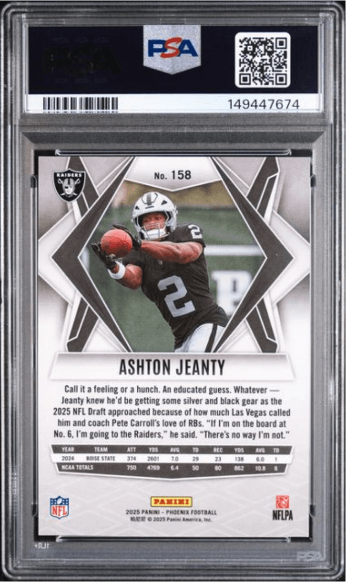 Graded 2025 Panini Phoenix Ashton Jeanty #158 Silver Lazer Rookie RC Football Card PSA 10 Gem Mint