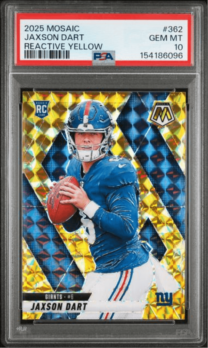 Graded 2025 Panini Mosaic Jaxson Dart #362 Reactive Yellow Rookie RC Football Card PSA 10 Gem Mint