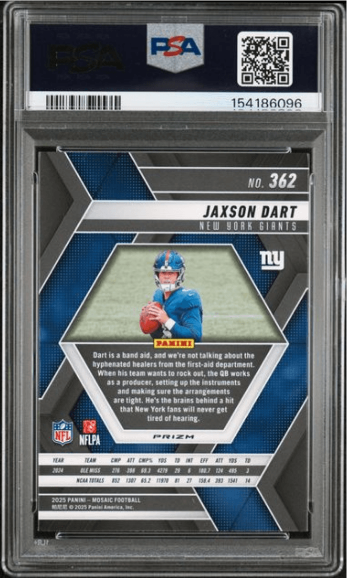 Graded 2025 Panini Mosaic Jaxson Dart #362 Reactive Yellow Rookie RC Football Card PSA 10 Gem Mint