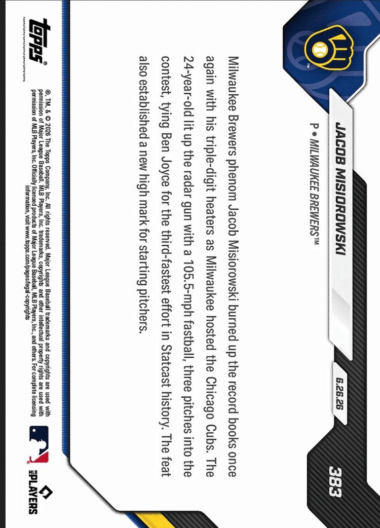 2026 Topps Now Jacob Misiorowski #383 Gold Foil /50 105.5MPH Heater Scorches MLB Record Books Milwaukee Brewers Rookie RC Baseball Card
