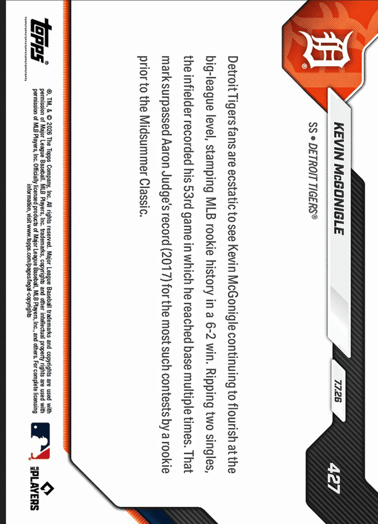 2026 Topps Now Kevin McGonigle #427 Black Foil /10 53rd Multiple On Base Game Sets MLB Rookie Mark Detroit Tigers Rookie RC Baseball Card