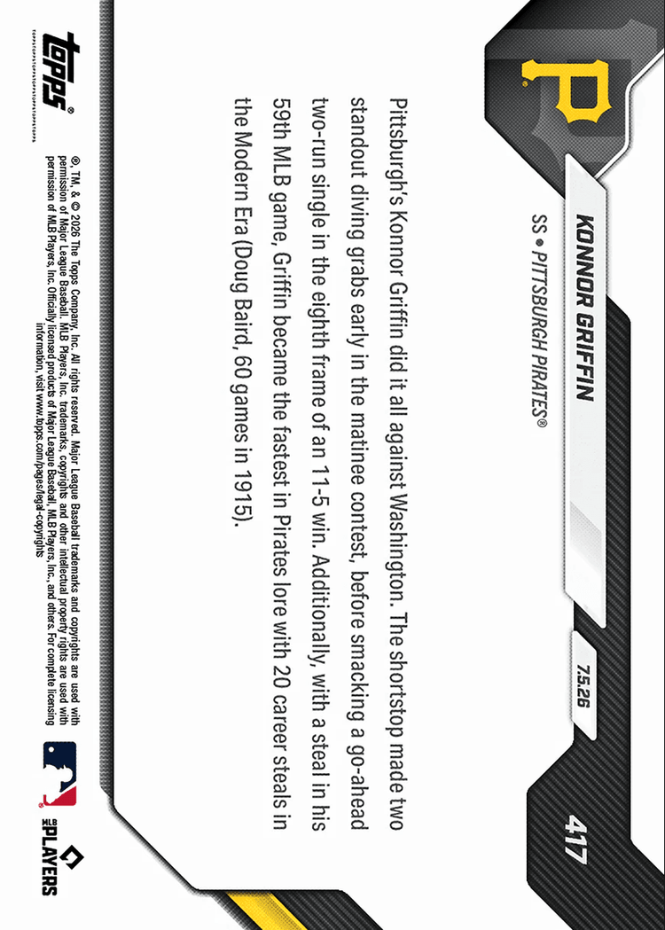 2026 Topps Now Konnor Griffin #417 2 Diving Grabs, Go Ahead Hit Fuel Pirates Win Pittsburgh Pirates Rookie RC Baseball Card