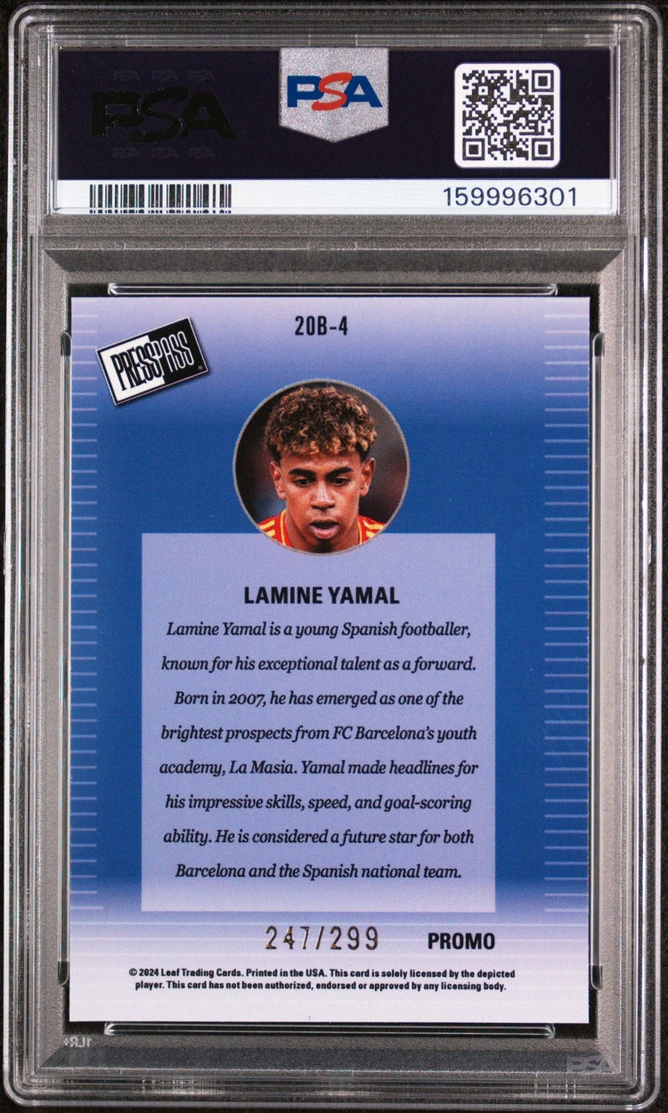 Graded 2024 Leaf Collective Promo Lamine Yamal #20B4 00 Press Pass Orange Shimmer /299 Soccer Card PSA 10 Gem Mint