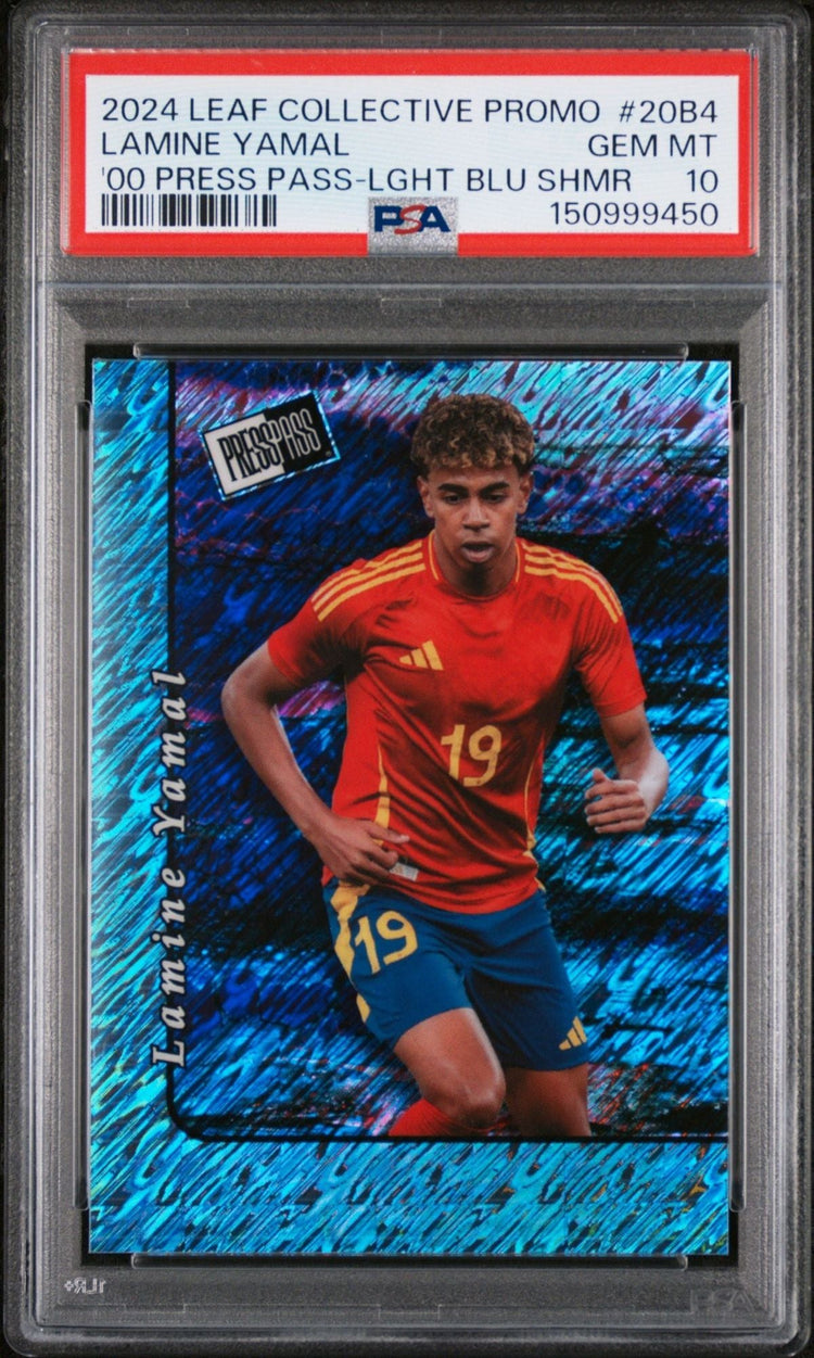 Graded 2024 Leaf Collective Promo Lamine Yamal #20B4 00 Press Pass Light Blue Shimmer /299 Soccer Card PSA 10 Gem Mint