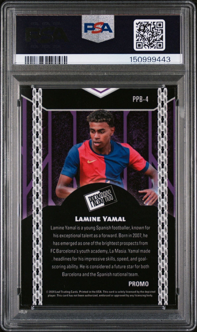 Graded 2024 Leaf Collective Promo Lamine Yamal #4 Press Pass Light Blue Shimmer Soccer Card PSA 10 Gem Mint