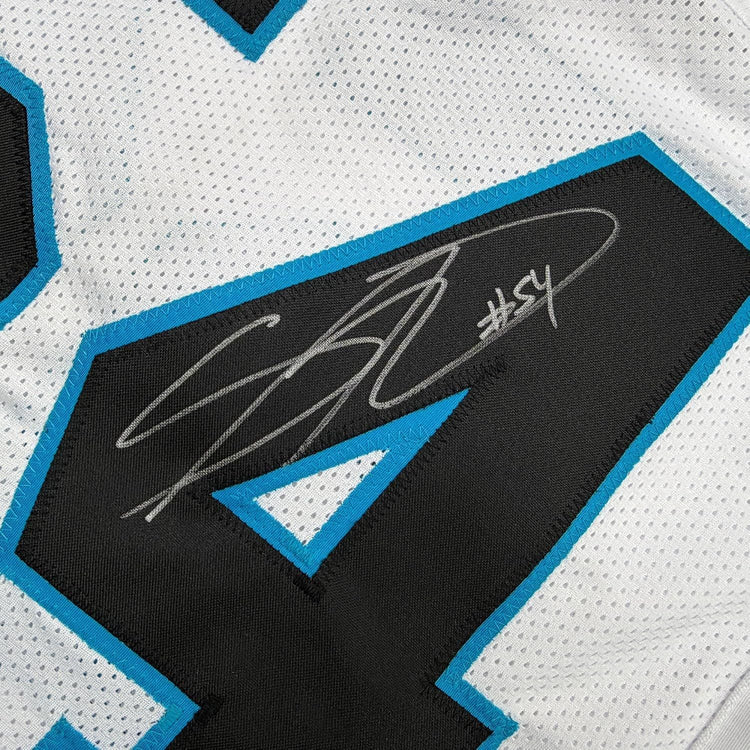 Framed Autographed/Signed Shaq Thompson 35x39 Carolina White Football Jersey JSA COA