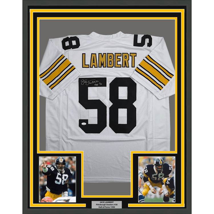 Framed Autographed/Signed Jack Lambert 35x39 Pittsburgh White Football Jersey JSA COA