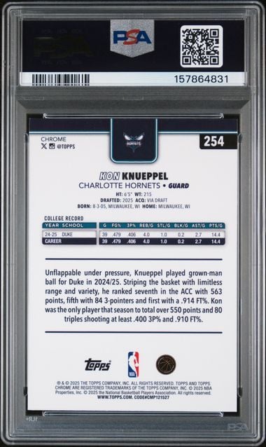 Graded 2025 Topps Chrome Kon Knueppel #254 X-Fractor Rookie RC Basketball Card PSA 10 Gem Mint