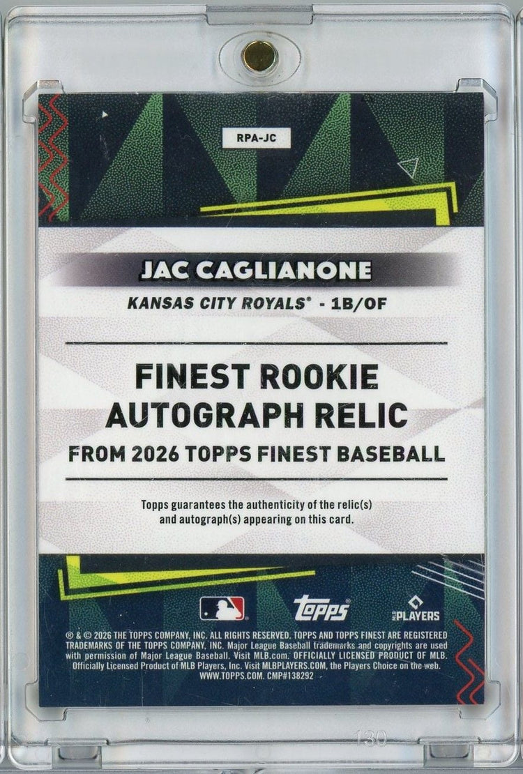 2026 Topps Finest Jac Caglianone #RPA-JC Finest Rookie Autograph Relic Orange /25 Rookie RC Baseball Card