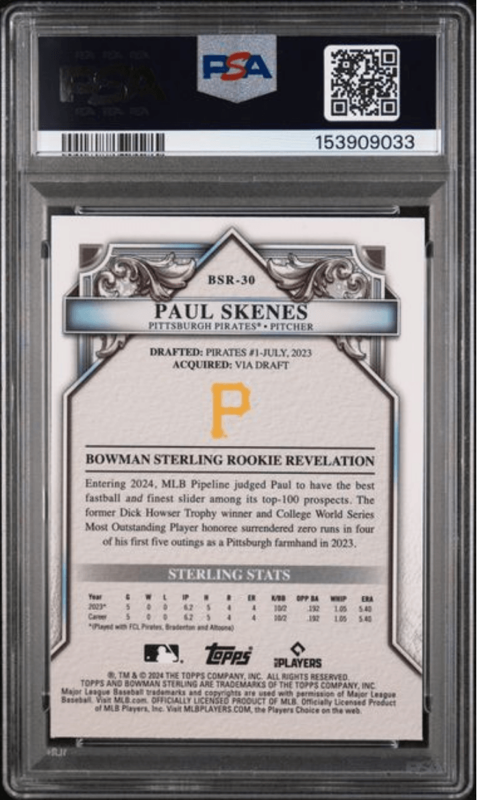 Graded 2024 Topps Bowman Sterling Paul Skenes #BSR30 Rookies Mini Diamond Refractor /150 Rookie RC Baseball Card PSA 10 Gem Mint