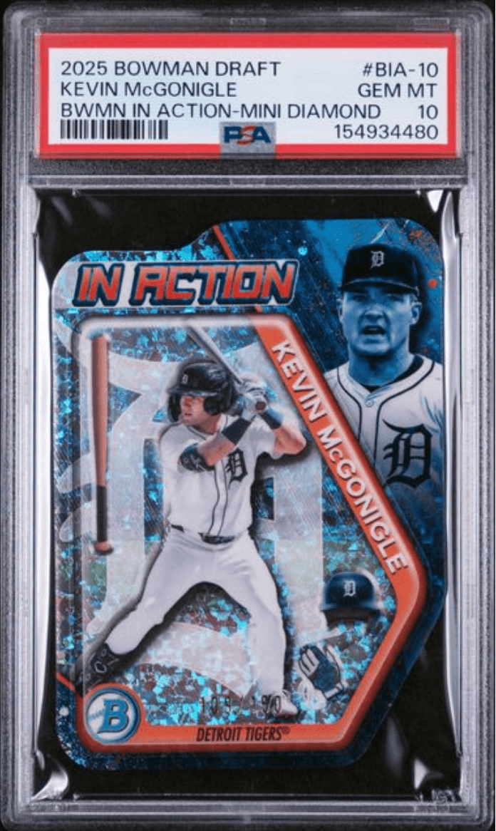 Graded 2025 Topps Bowman Draft Kevin McGonigle #BIA10 Bowman In Action Mini Diamond /150 Rookie RC Baseball Card PSA 10 Gem Mint