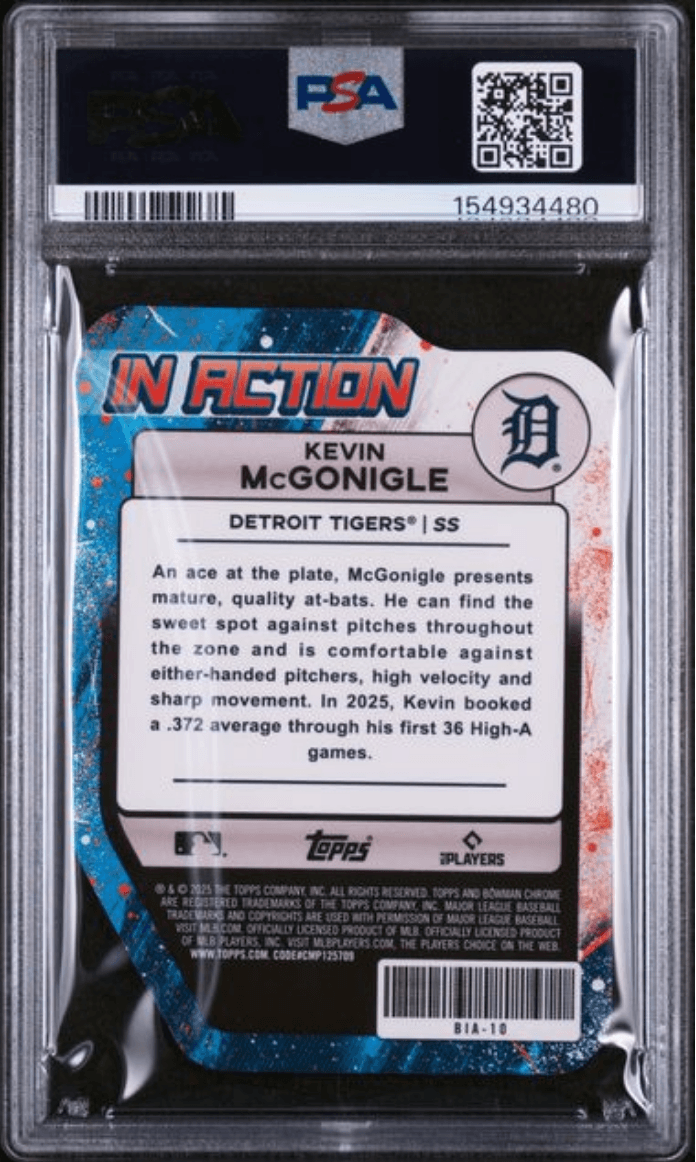 Graded 2025 Topps Bowman Draft Kevin McGonigle #BIA10 Bowman In Action Mini Diamond /150 Rookie RC Baseball Card PSA 10 Gem Mint