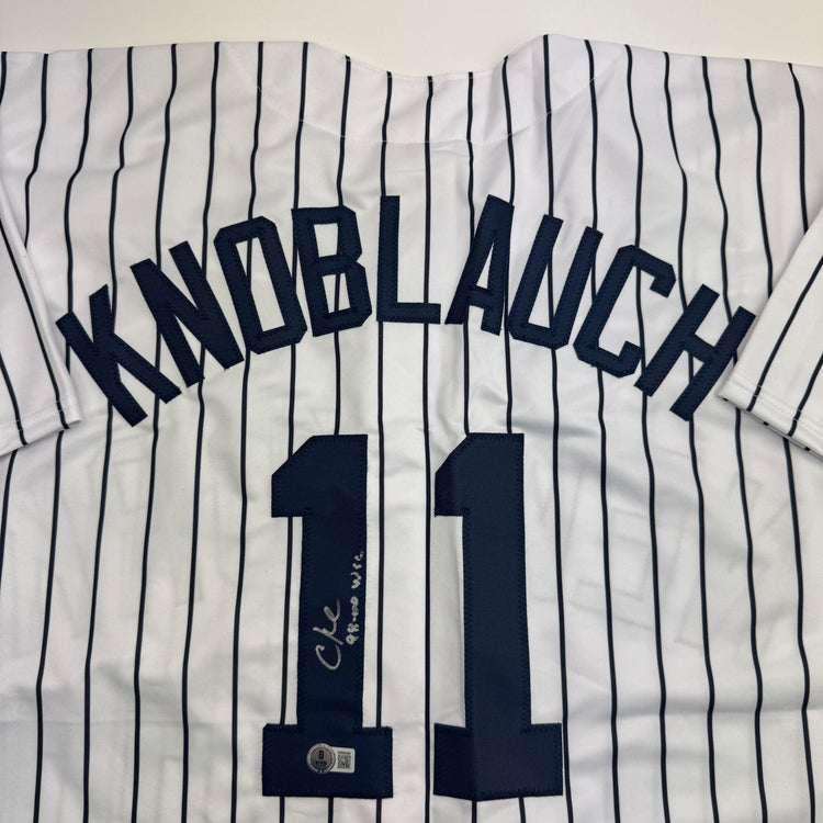 Autographed/Signed Chuck Knoblauch "98-00 WSC" New York Pinstripe Baseball Jersey Beckett BAS COA