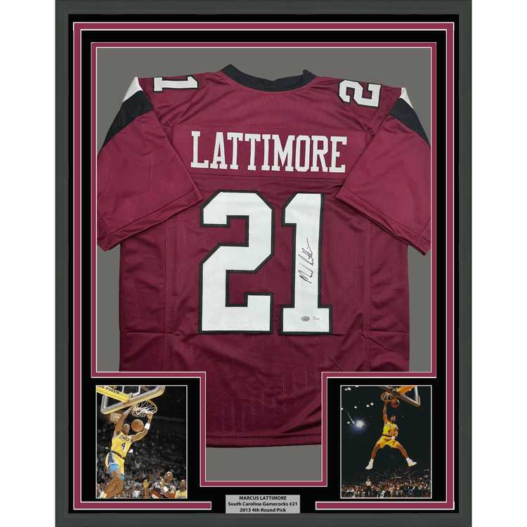 Framed Autographed/Signed Marcus Lattimore 35x39 South Carolina Maroon College Football Jersey JSA COA
