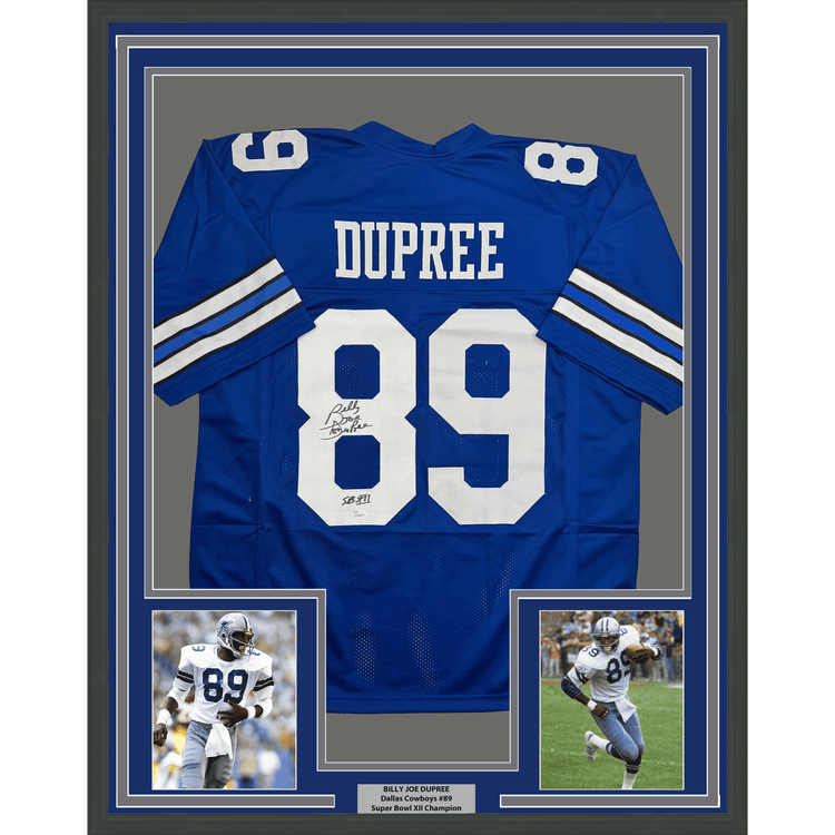 Framed Autographed/Signed Billy Joe DuPree 35x39 SB XII Dallas Blue Football Jersey JSA COA