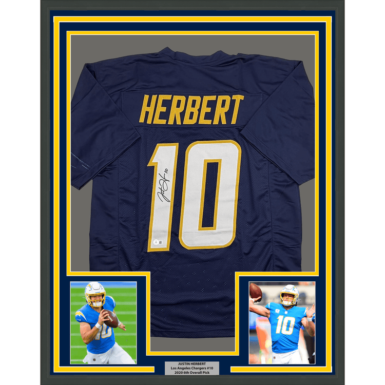 Framed Autographed/Signed Justin Herbert 35x39 Los Angeles San Diego Navy Blue Football Jersey Beckett BAS COA