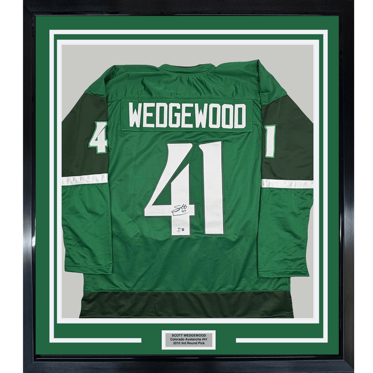 Framed Autographed/Signed Scott Wedgewood 35x39 Colorado Green St. Patrick's Day Hockey Jersey Beckett BAS COA