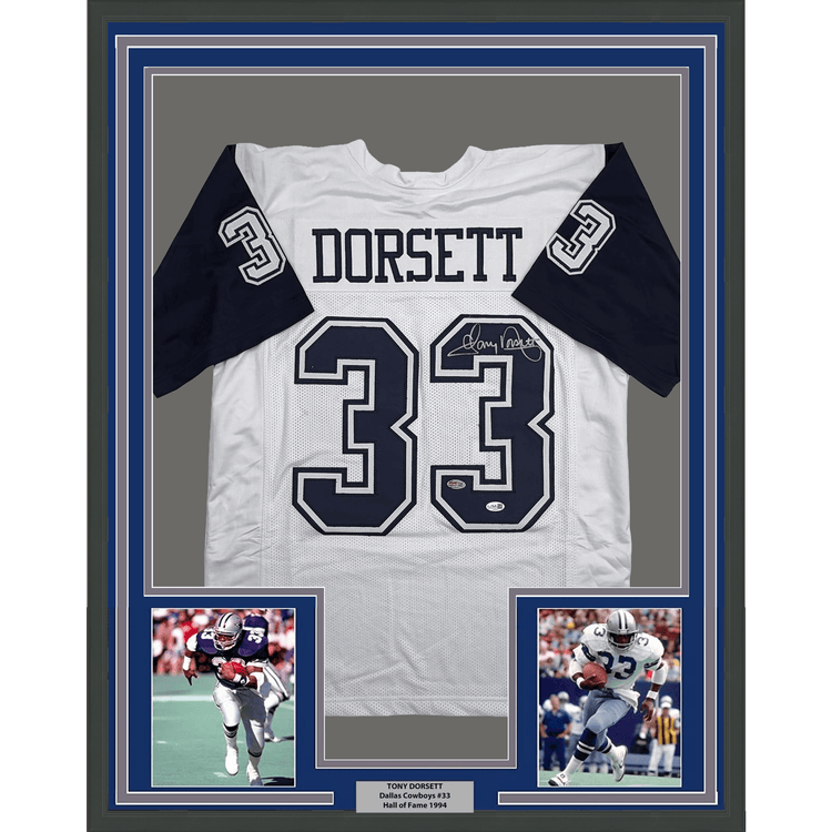 Framed Autographed/Signed Tony Dorsett 35x39 Dallas White Color Rush Football Jersey JSA COA