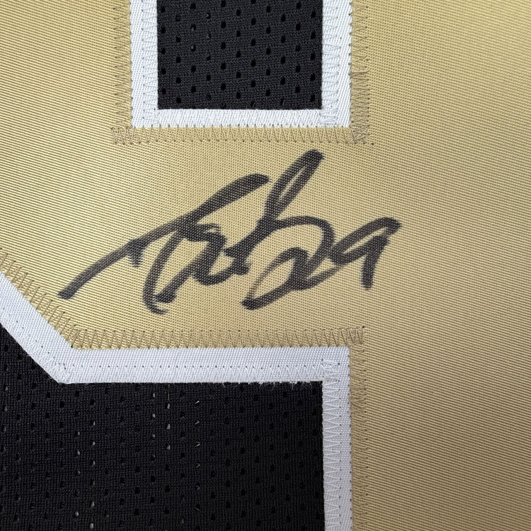 Autographed/Signed Drew Brees New Orleans Black Stat Football Jersey Beckett BAS COA