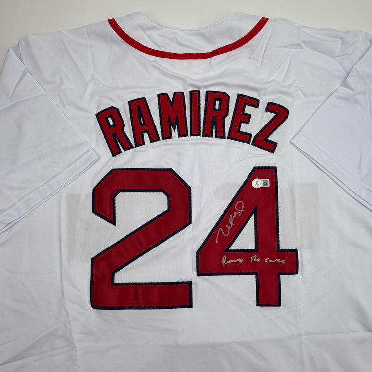 Autographed/Signed Manny Ramirez Reverse The Curse Boston White Baseball Jersey Beckett BAS COA