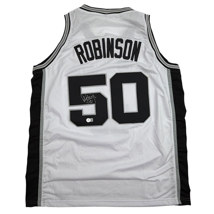 Autographed/Signed David Robinson San Antonio White Basketball Jersey Beckett BAS COA