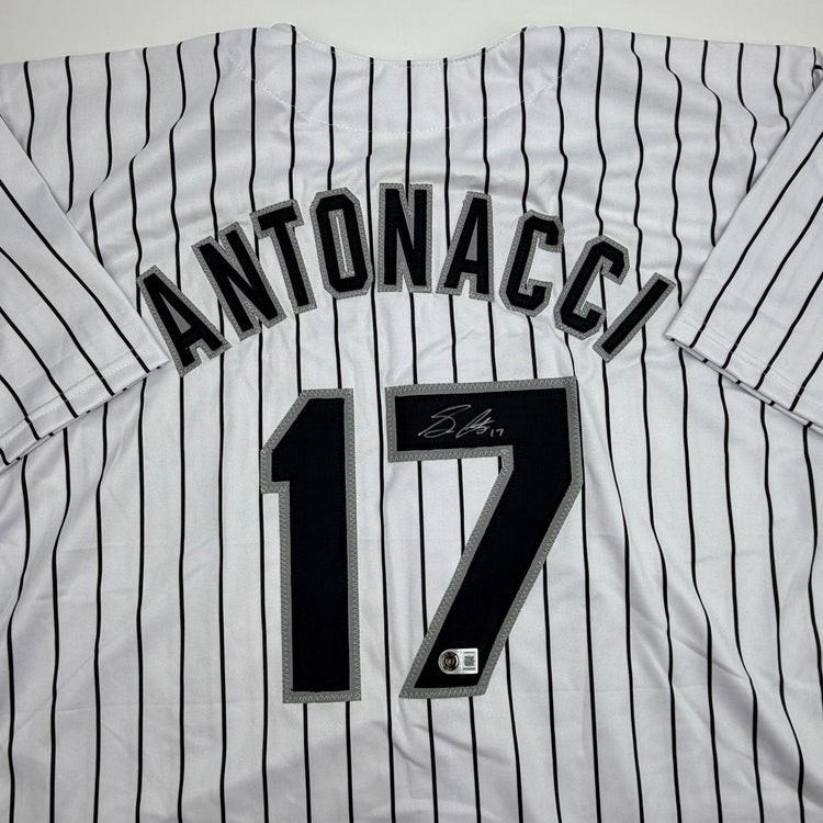 Autographed/Signed Sam Antonacci Chicago Pinstripe Baseball Jersey Beckett BAS COA