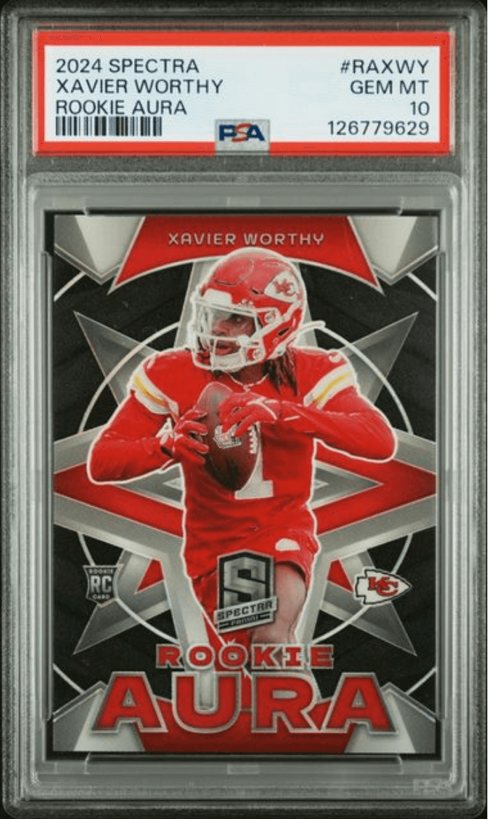 Graded 2024 Panini Spectra Xavier Worthy #RAXWY Rookie Aura /125 Rookie RC Football Card PSA 10 Gem Mint