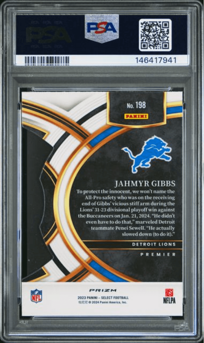 Graded 2023 Panini Select Jahmyr Gibbs #198 Die Cut Red & Blue Prizm Rookie RC Football Card PSA 10 Gem Mint