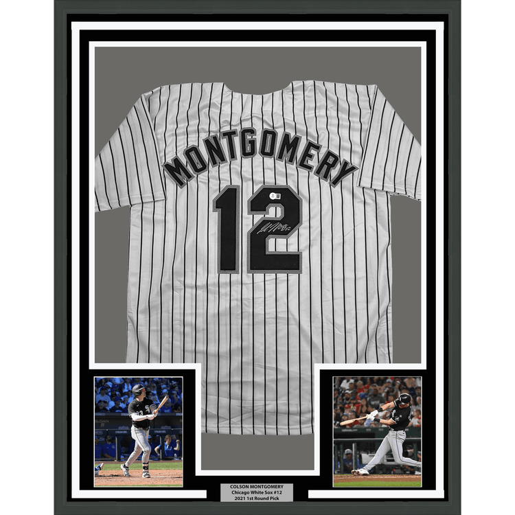 Framed Autographed/Signed Colson Montgomery 35x39 Chicago Pinstripe Baseball Jersey Beckett BAS COA