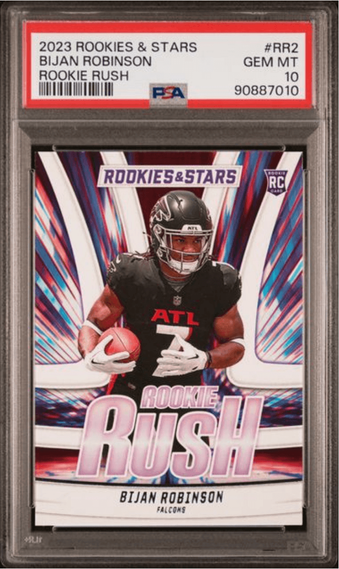 Graded 2023 Panini Rookies & Stars Bijan Robinson #RR2 Rookie Rush Rookie RC Football Card PSA 10 Gem Mint