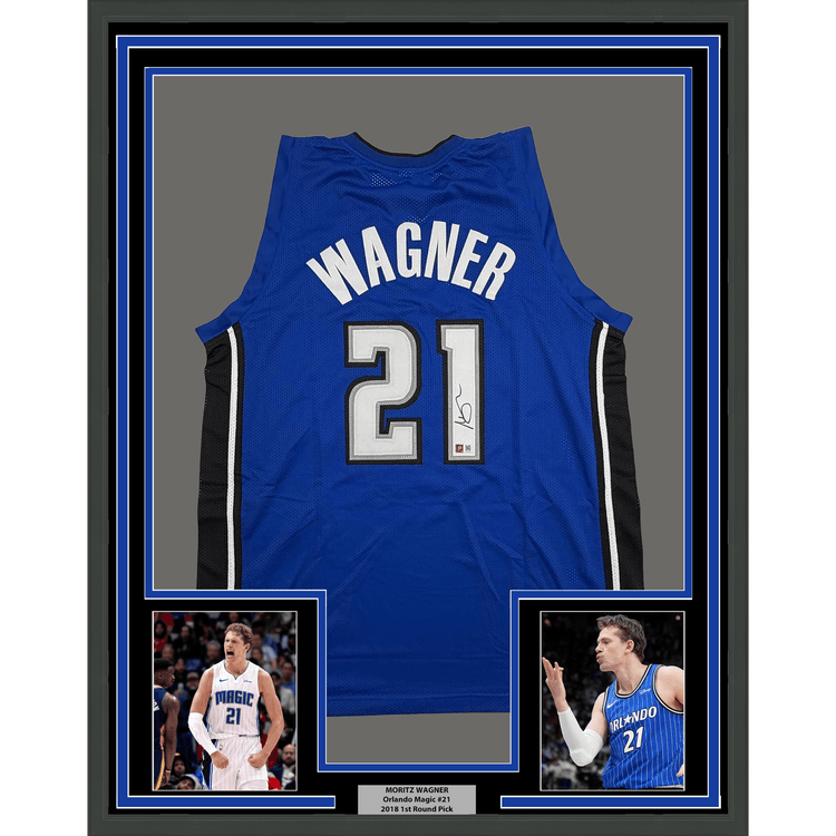 Framed Autographed/Signed Moritz Moe Wagner 35x39 Orlando Blue Basketball Jersey Pristine PA COA