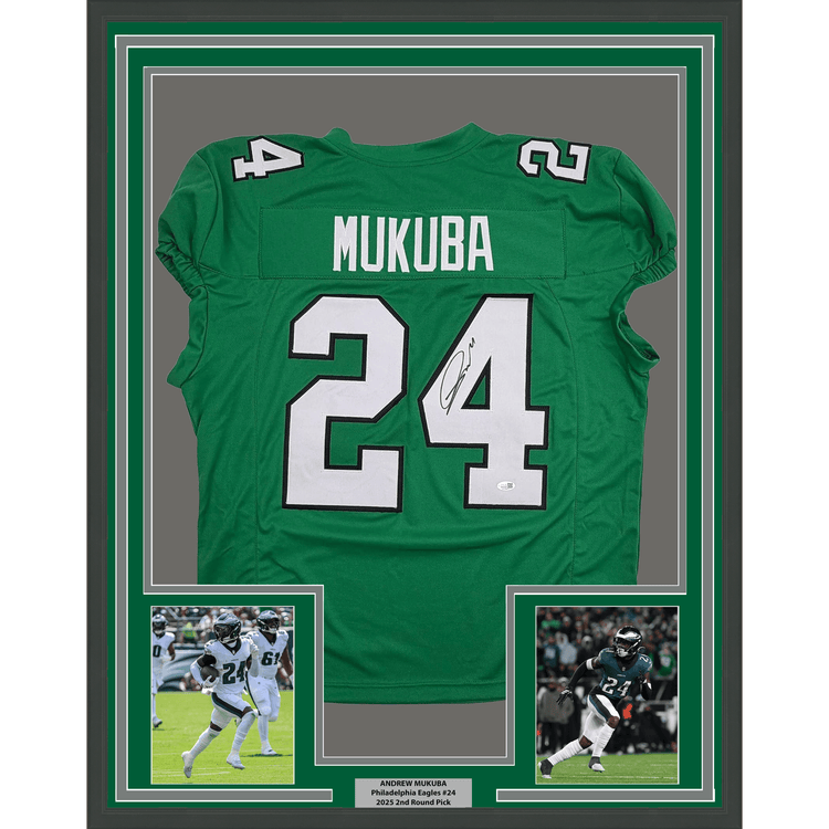 Framed Autographed/Signed Andrew Mukuba 35x39 Philadelphia Kelly Green Pro Cut Football Jersey JSA COA