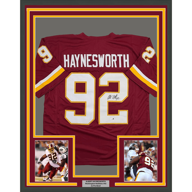 Framed Autographed/Signed Albert Haynesworth 35x39 Washington Maroon Football Jersey JSA COA