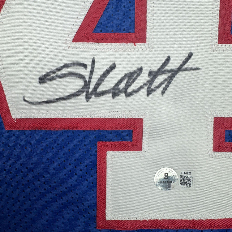 Autographed/Signed Cam Skattebo New York Blue Retro Football Jersey Beckett BAS COA