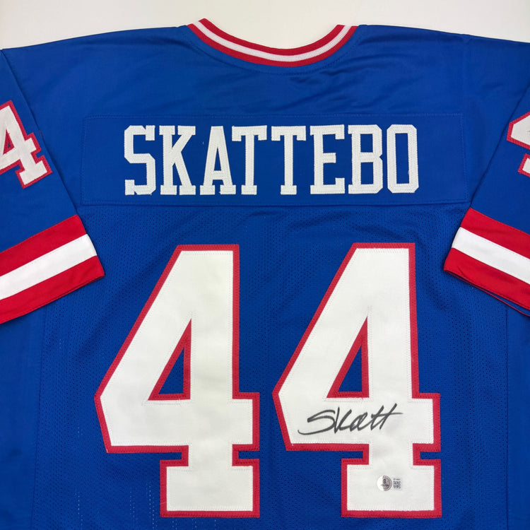 Autographed/Signed Cam Skattebo New York Blue Retro Football Jersey Beckett BAS COA