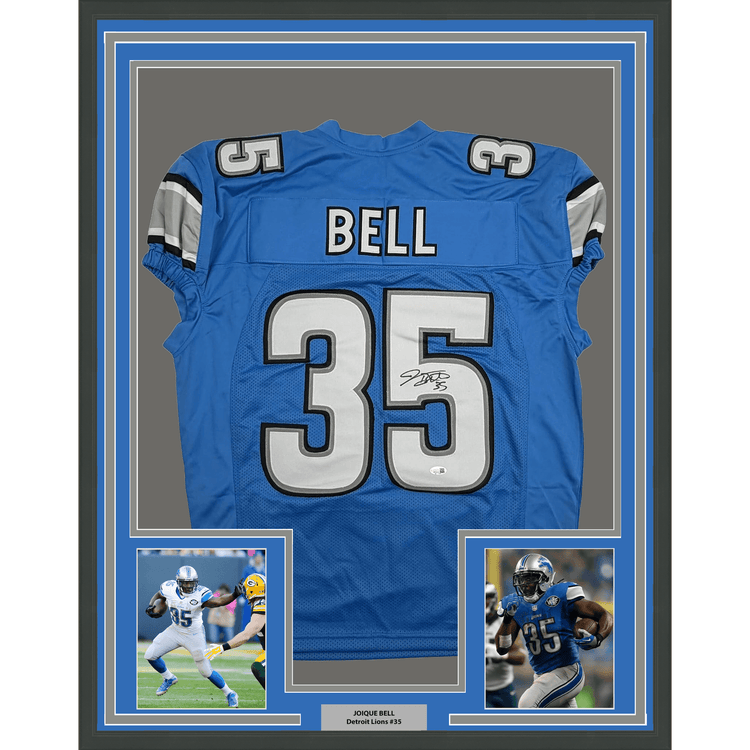 Framed Autographed/Signed Joique Bell 35x39 Detroit Blue Pro Cut Football Jersey JSA COA
