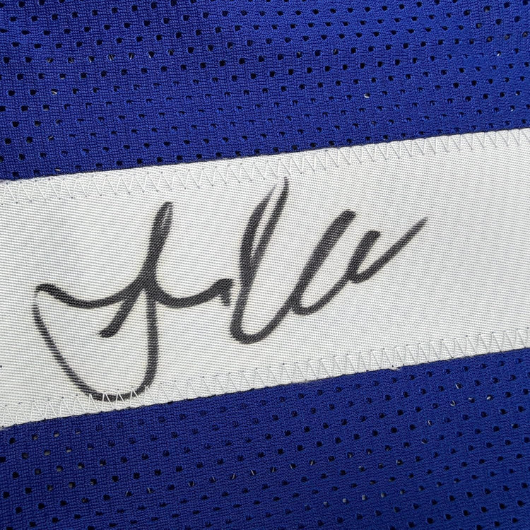 Framed Autographed/Signed Amani Toomer 35x39 New York Blue Football Jersey PSA/DNA COA