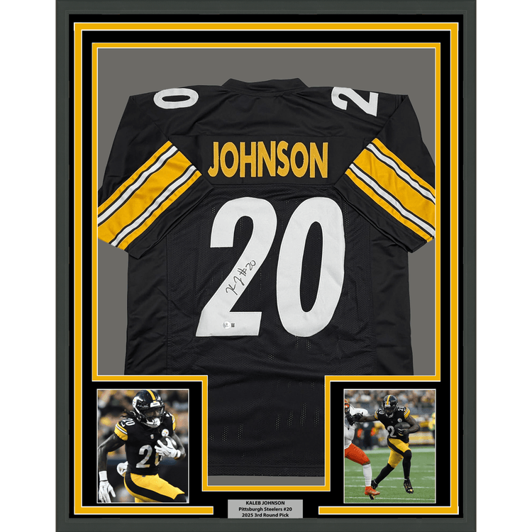 Framed Autographed/Signed Kaleb Johnson 35x39 Pittsburgh Black Football Jersey Beckett BAS COA
