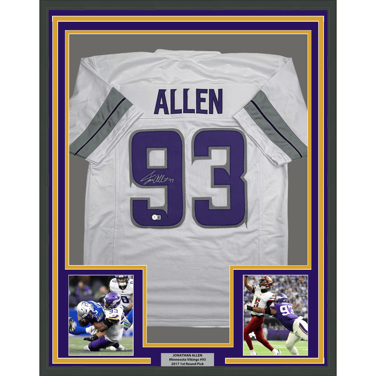 Framed Autographed/Signed Jonathan Allen 35x39 Minnesota White Out Alternate Football Jersey Beckett BAS COA