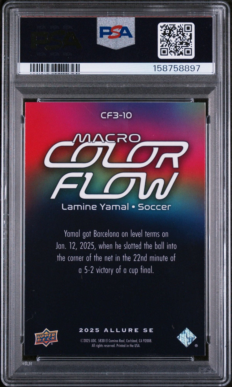 Graded 2025 Upper Deck UD Allure SE Lamine Yamal #CF3-10 Macro Color Flow Soccer Card PSA 10 Gem Mint