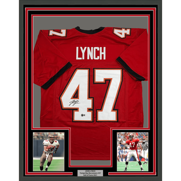 Framed Autographed/Signed John Lynch 35x39 Tampa Bay Red Football Jersey Beckett BAS COA