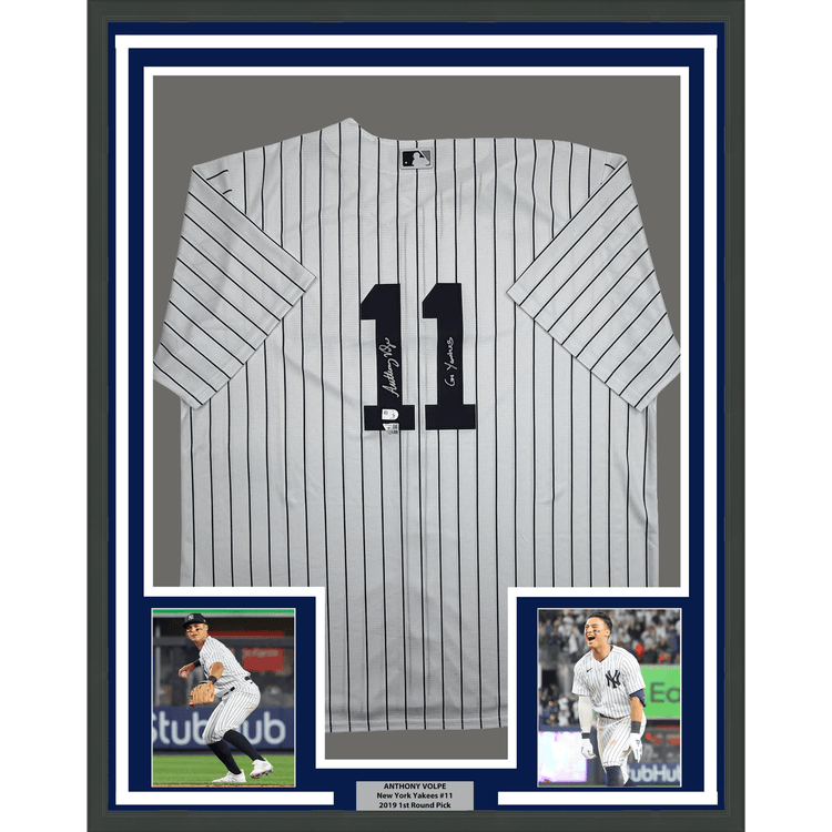Framed Autographed/Signed Anthony Volpe 35x39 New York Yankees Pinstripe Authentic Baseball Jersey Fanatics & MLB COA