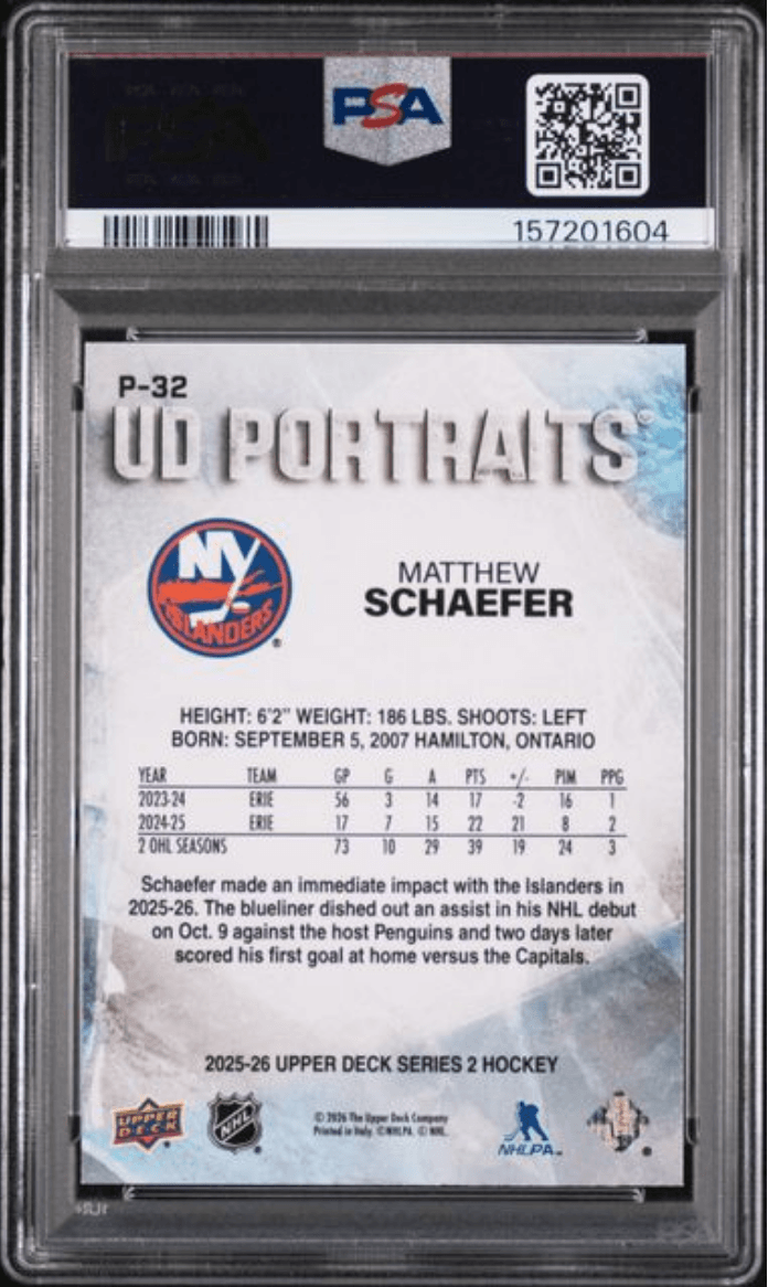 Graded 2025 Upper Deck Matthew Schaeffer #P32 UD Portraits Rookie RC Hockey Card PSA 10 Gem Mint