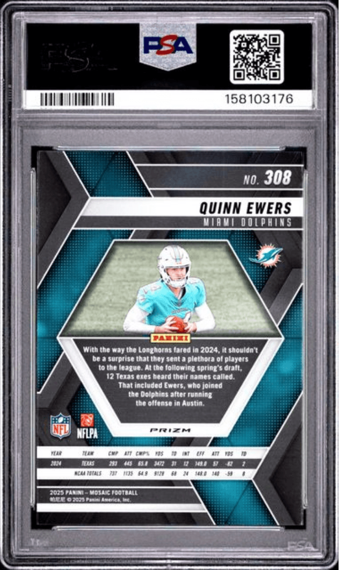 Graded 2025 Panini Mosaic Quinn Ewers #308 Pink Camo Rookie RC Football Card PSA 10 Gem Mint
