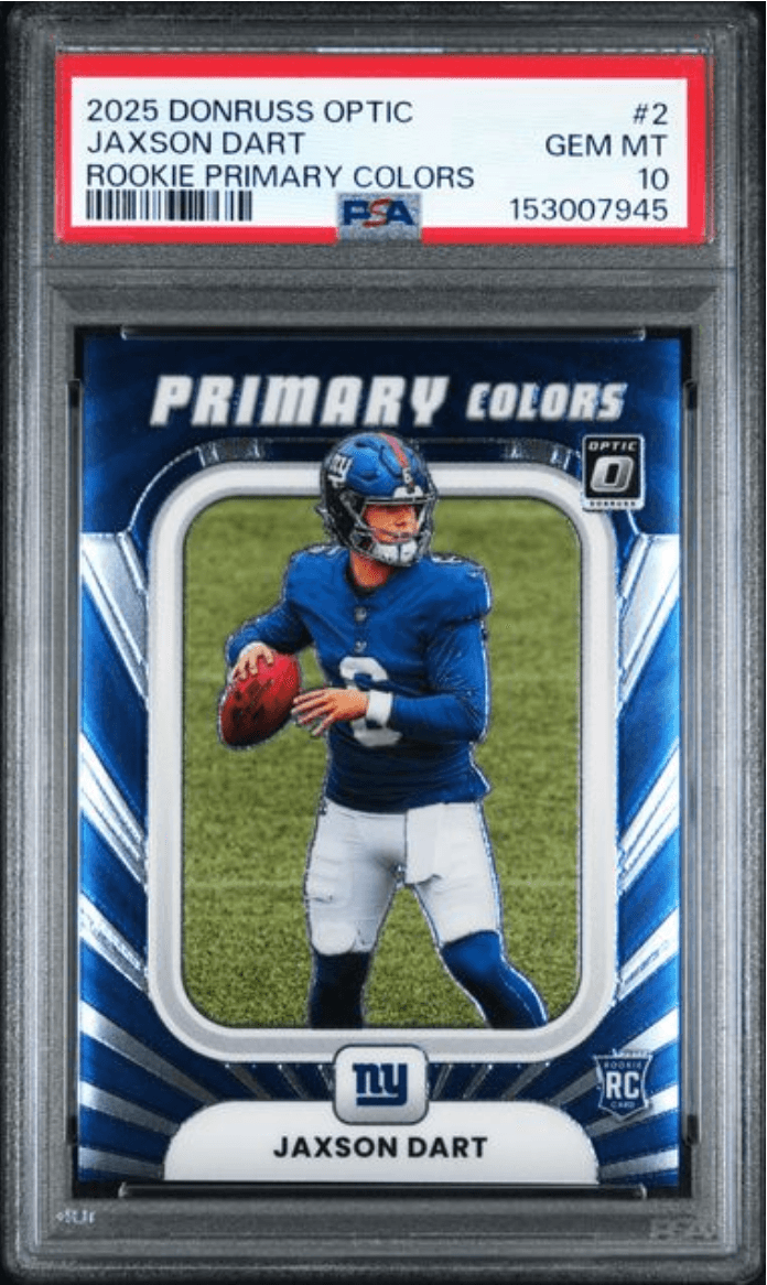 Graded 2025 Panini Donruss Optic Jaxson Dart #2 Rookie Primary Colors Rookie RC Football Card PSA 10 Gem Mint