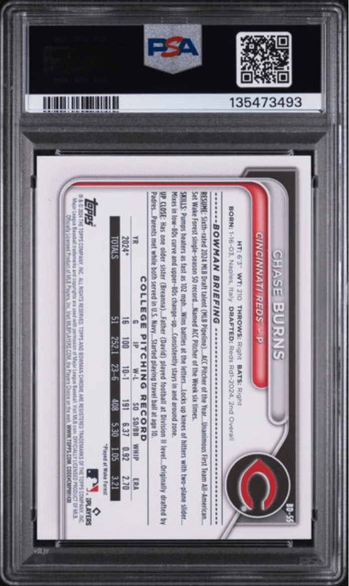 Graded 2024 Topps Bowman Draft Chase Burns #BD55 Rookie RC Baseball Card PSA 9 Mint