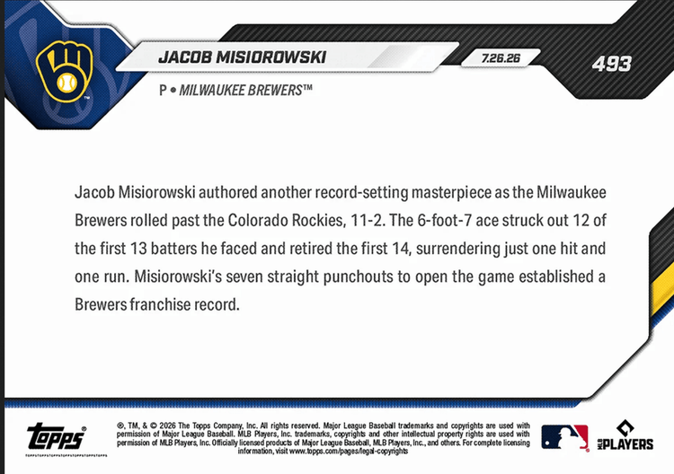 2026 Topps Now Jacob Misiorowski #493 Orange Foil /25 7 Straight Ks to Open Game Sets Brewers Record Milwaukee Brewers Rookie RC Baseball Card
